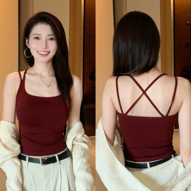 加大码红色美背交叉吊带文胸一体背心女外穿带胸垫内搭上衣新款夏