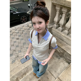 polo衫 t恤女夏季 假两件格纹拼接刺绣短袖 短袖 上衣 学院风修身 短款