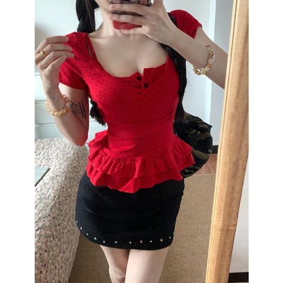 红色波点v领短袖t恤女夏