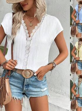 women elegant women summer lace neck plain shirt fashion