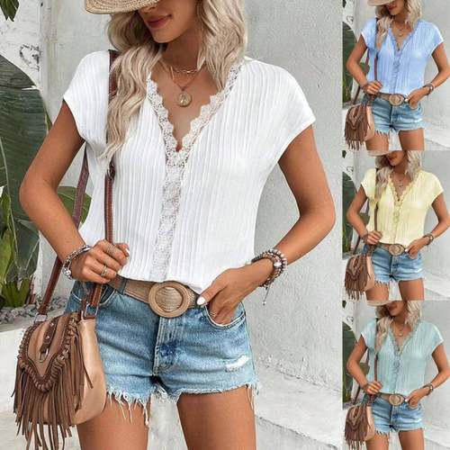 women elegant women summer lace neck plain shirt fashion