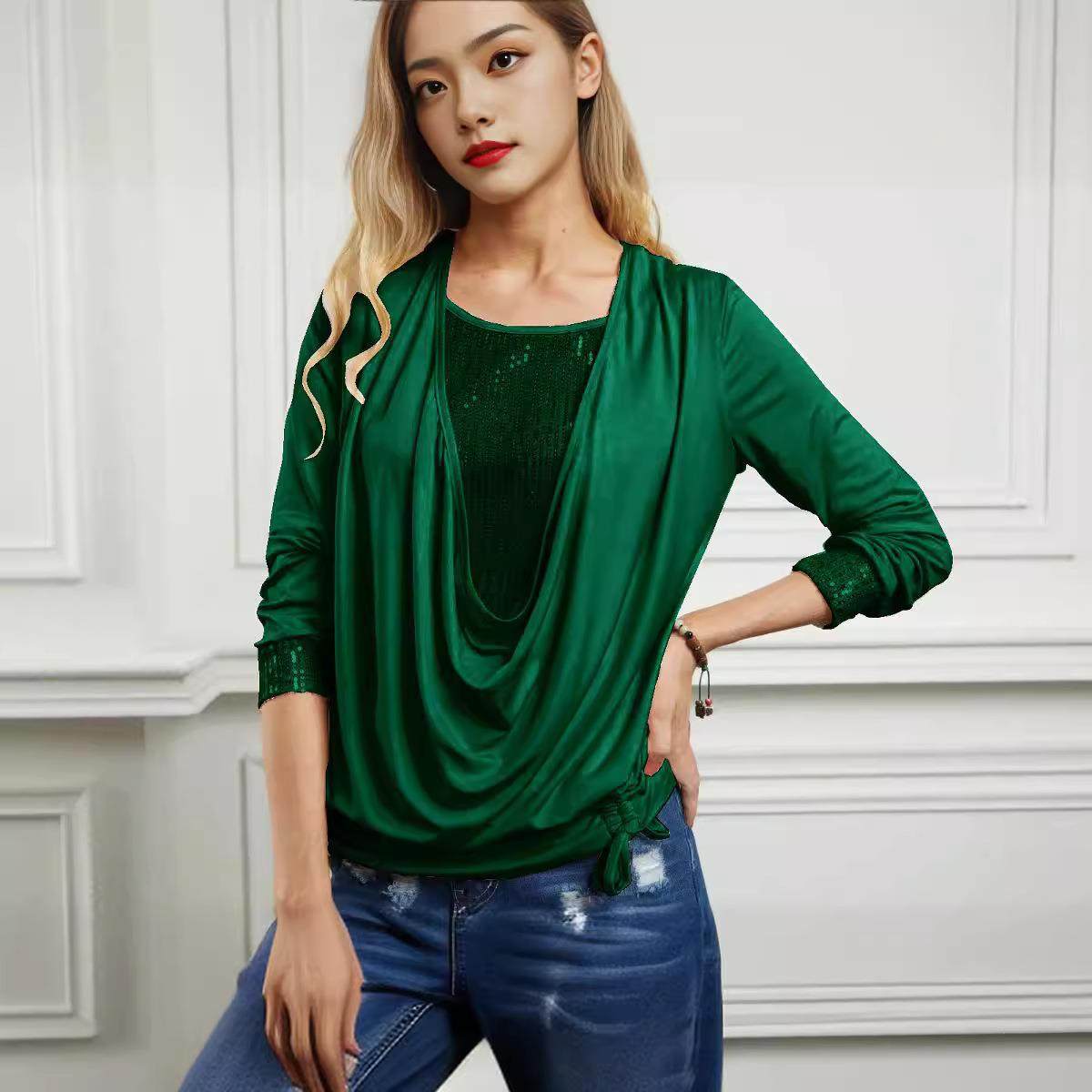 top pleated large Sequined color fake collar long-sleeved