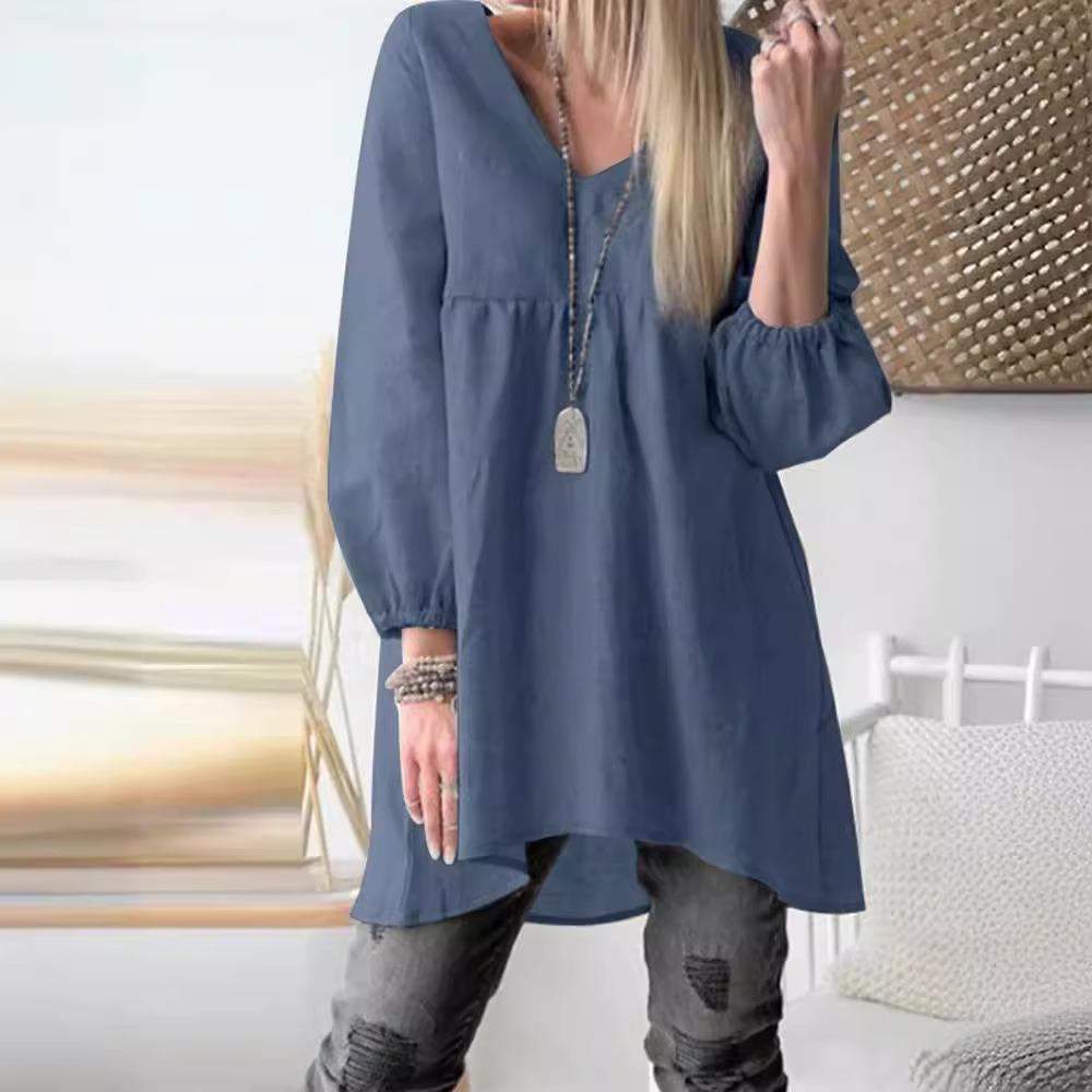 and sleeve Womens V-neck linen casual pleated color shirt