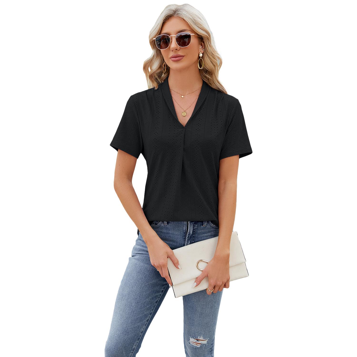 T-shirt short-sleeved swallowtail lapel top loose jacquard
