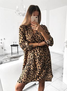 V-neck long-sleeved snake print shirt dress women's beltless