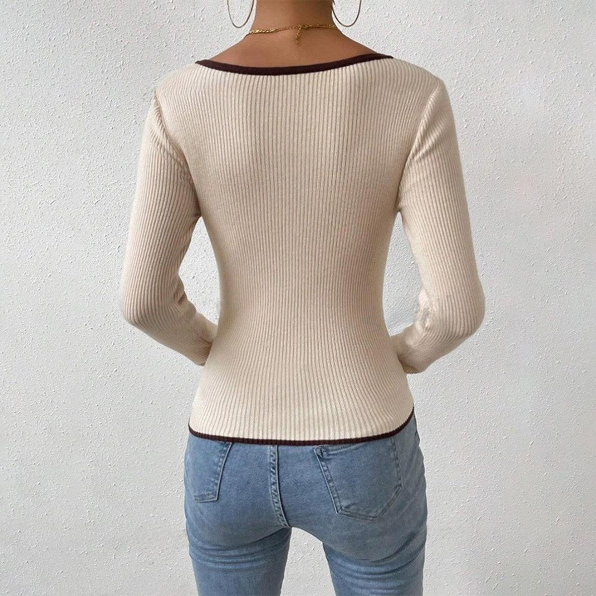 Fashionable hemmed V-neck sweater for women with vertical