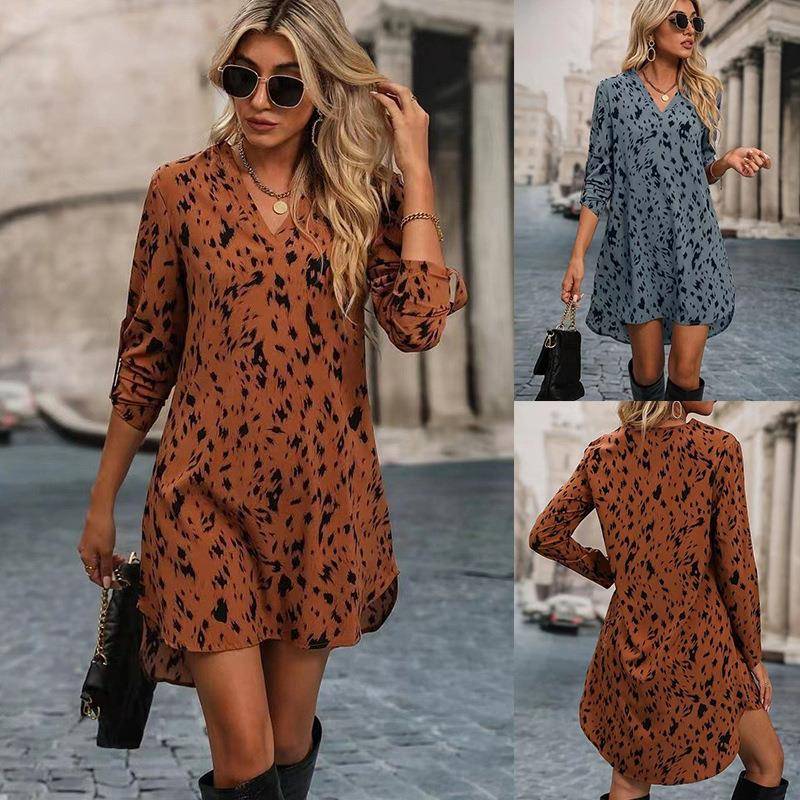 women for dress sleeve long print leopard V-neck fit slim