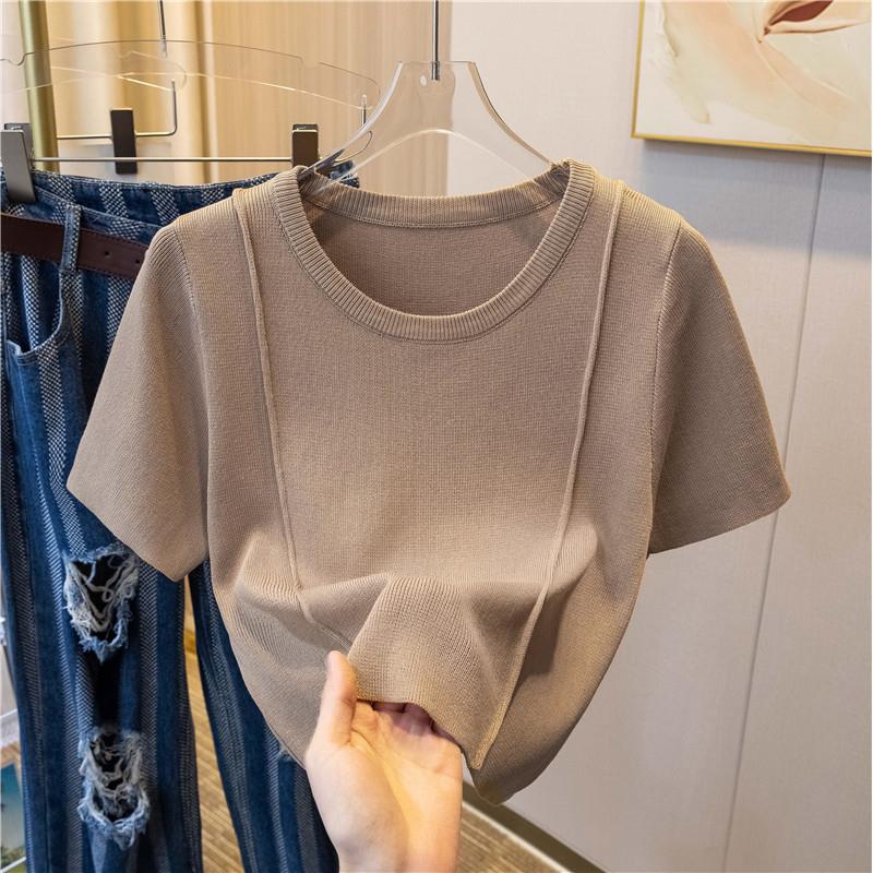 spicy knitted bottoming short sweet top fit sleeve Womens