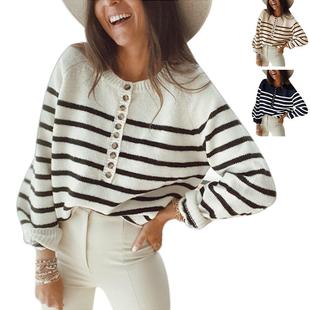 thick loose hoodie neck round tops stripe casual sweater