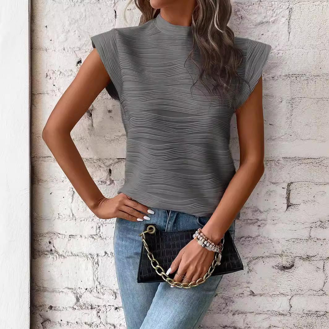 top short-sleeved button stripe wave textured collar