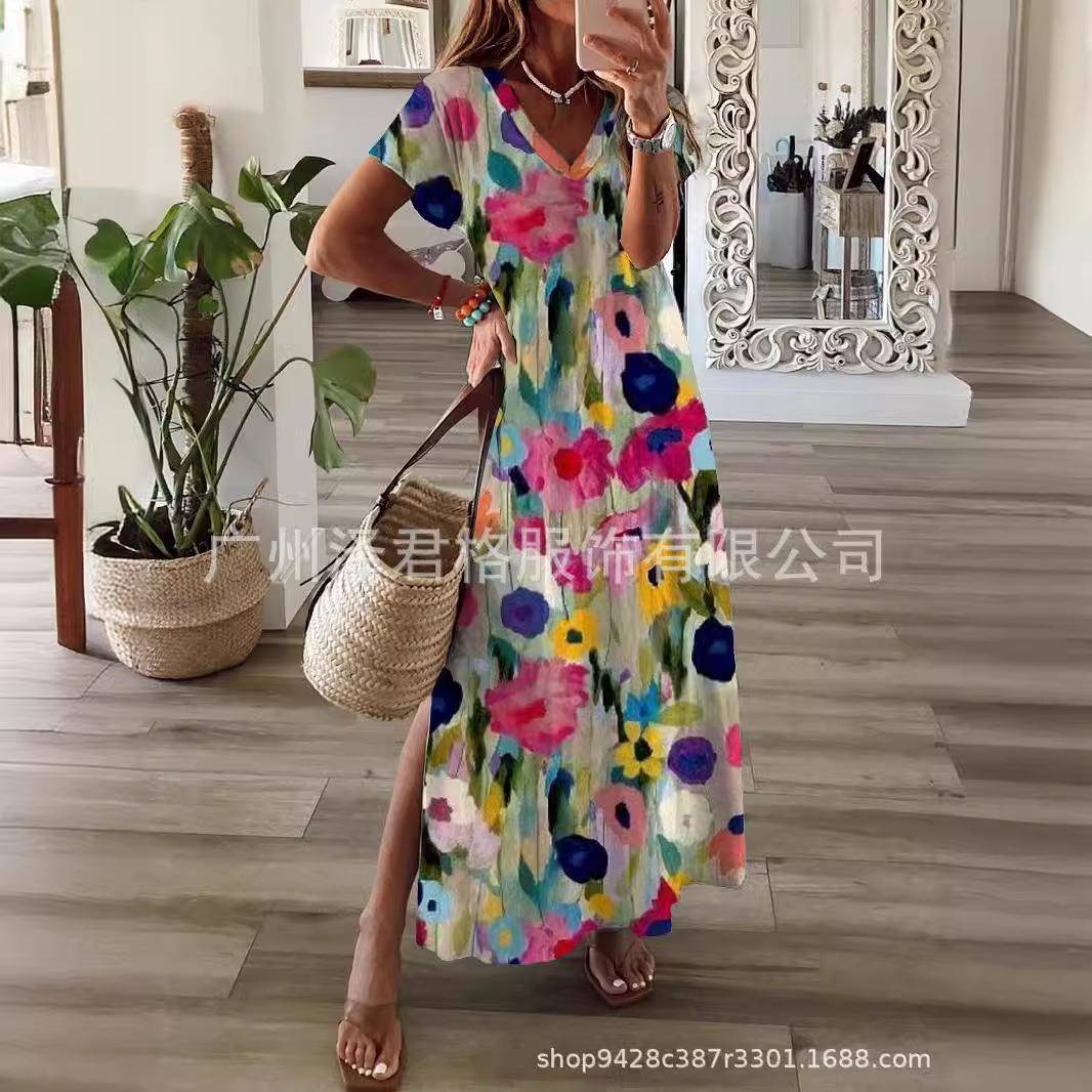 floral neck print boho mujer party summer dress dress