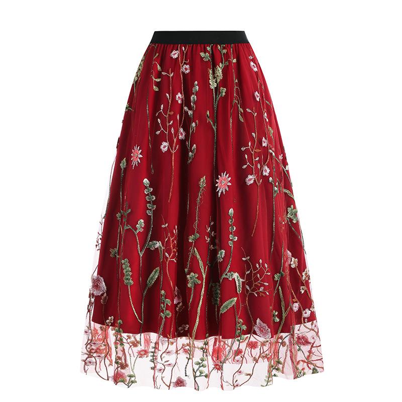 women floral embroidered mesh overlay lined long skirt