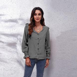 Edge Ruffle Neck Sleeve Houndstooth Long Checkerboard