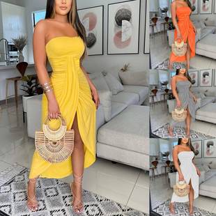 Off-shoulder wrap-around long solid waist high slit skirt