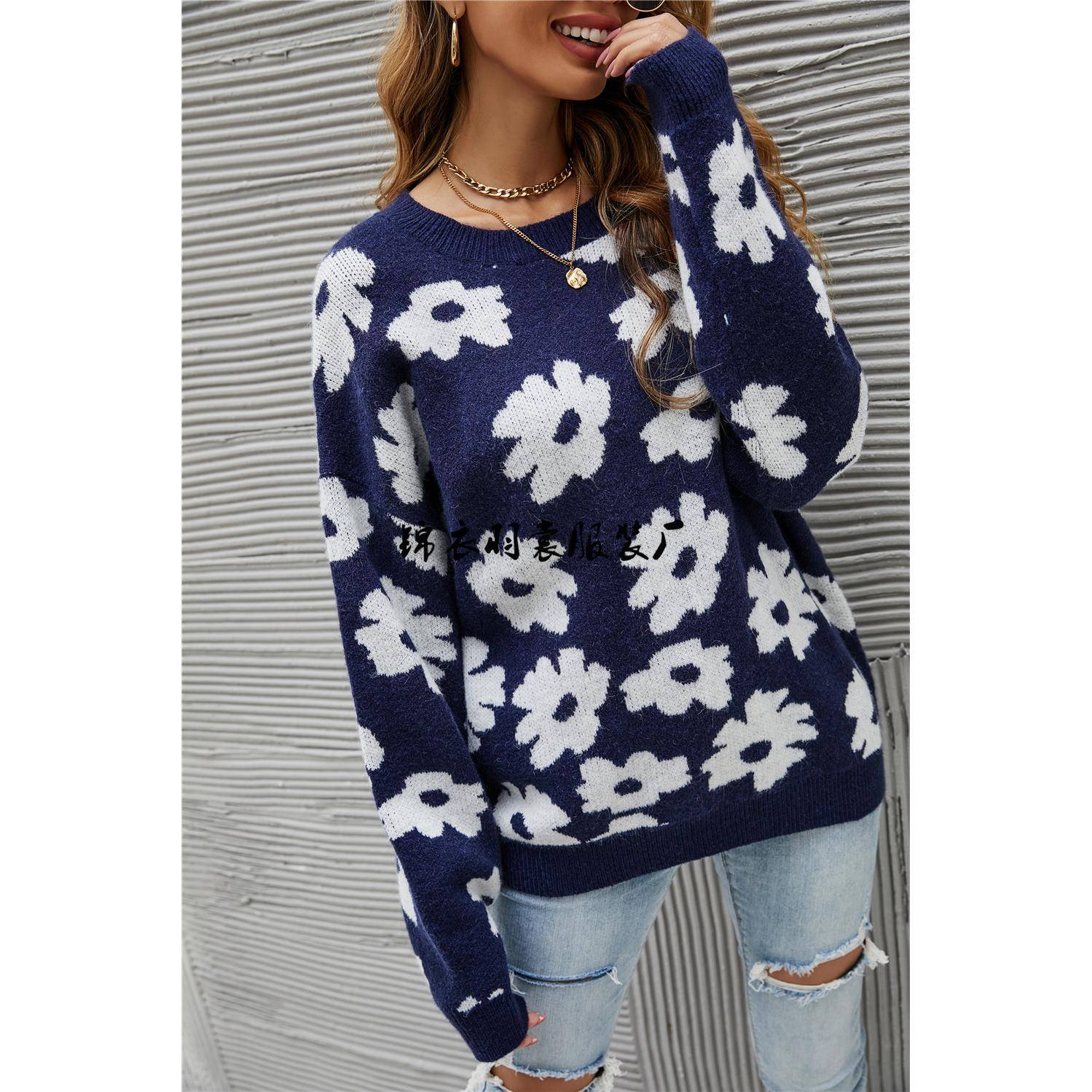 Sweater Personalized Chrysanthemum Pullover Knitted Blue