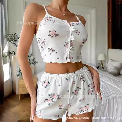 Heart Eyelashes Pajama Set V-Neck Suspender Top Lettuce