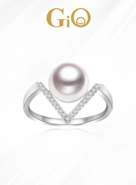 GiO珠宝 强光Akoya海水珍珠V形戒指18K金钻石女超越同款