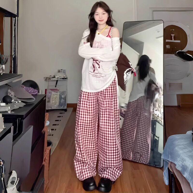 红色复古格子裤子女夏季宽松阔腿bf慵懒风高腰显瘦拖地直筒长裤子