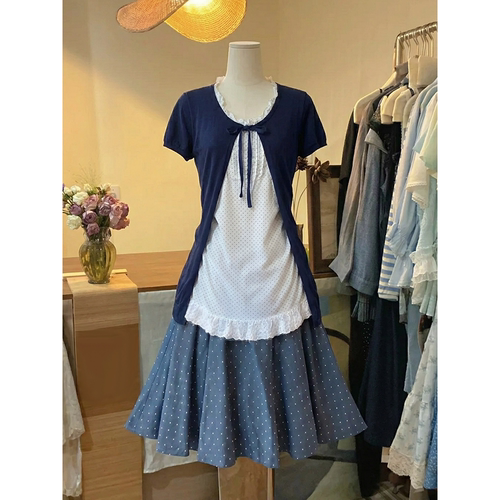 日系奈奈风波点上衣短袖开衫半裙小个子vintage古着三件套女夏季