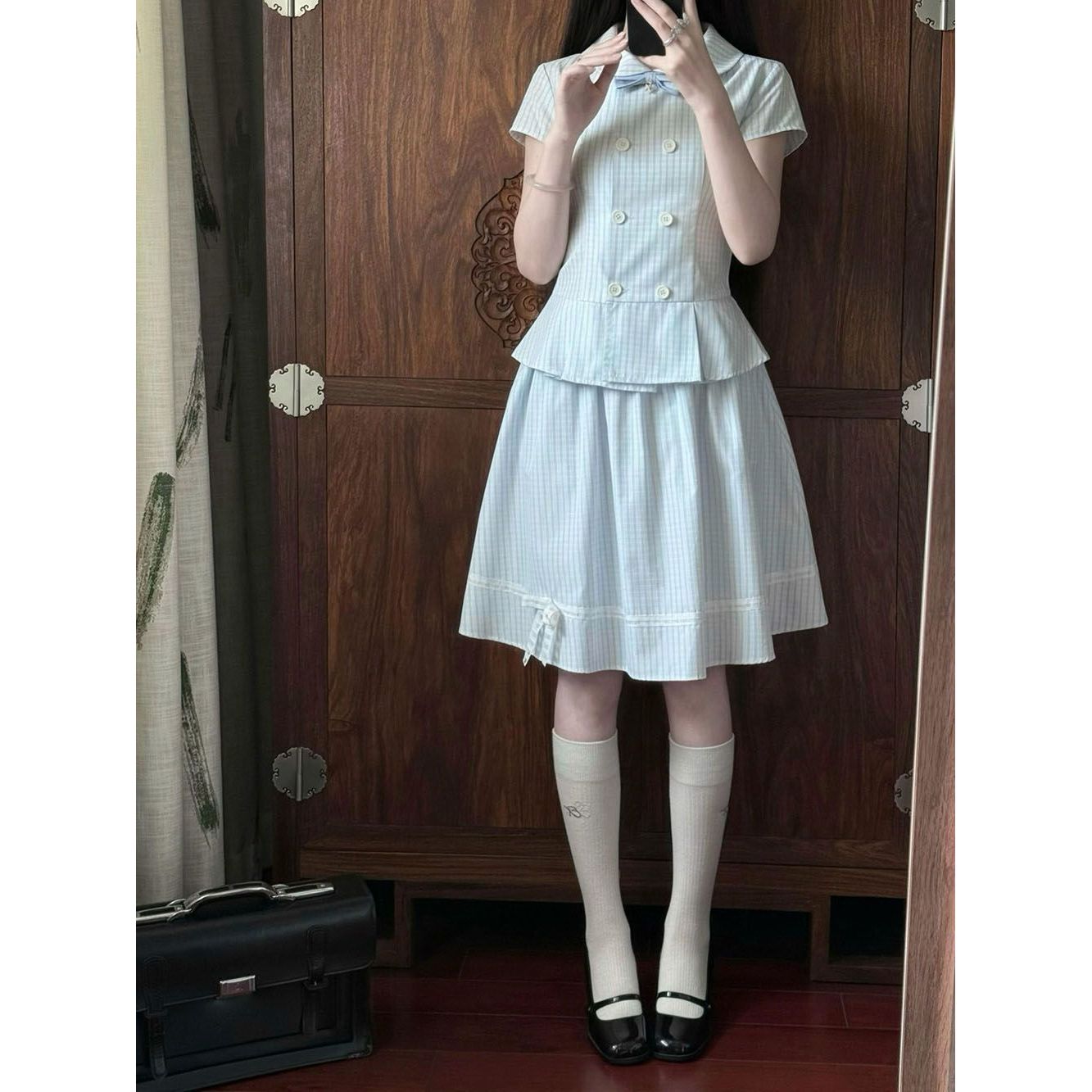 日系甜美娃娃领双排扣格纹衬衫+半身裙套装小个子学院风两件套女