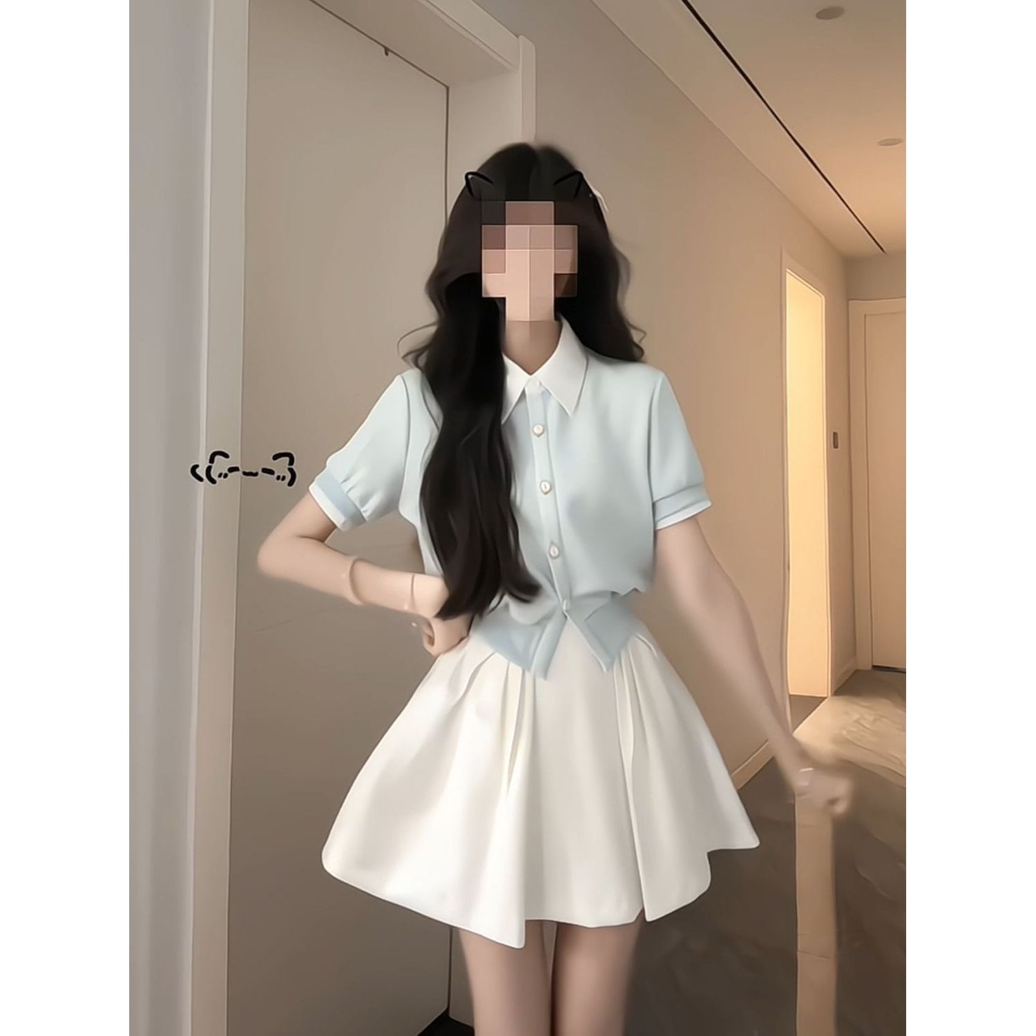 韩系学院风撞色拼接假两件短袖开衫上衣+白色蓬蓬短裙两件套