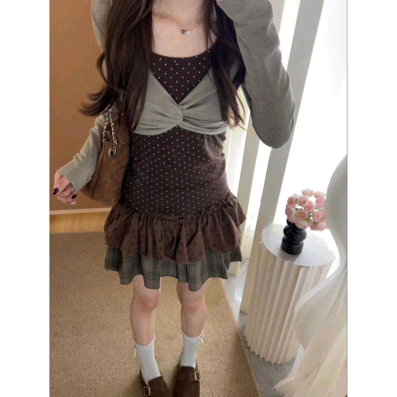 韩系甜辣风套装女秋季新款古着vintage假两件波点上衣+短裙两件套