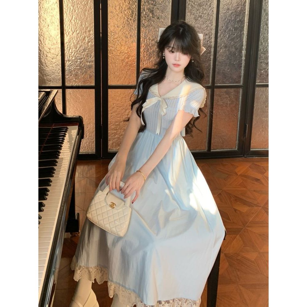 温柔奶蓝 法式温柔少女海军领蝴蝶结拼接蕾丝学院感收腰连衣长裙