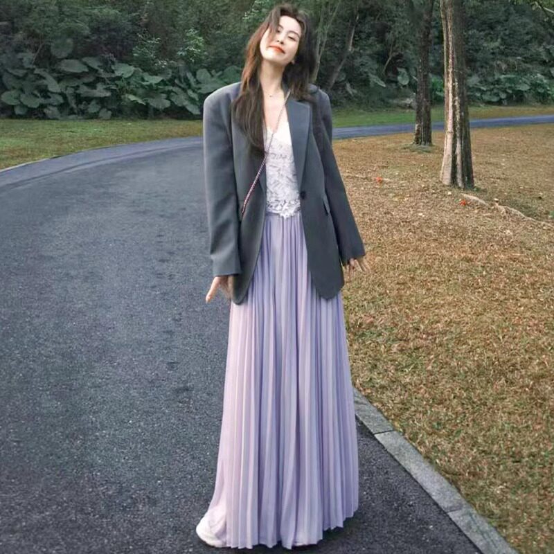 紫色百褶裙女夏季薄款2025新款气质高腰a字纱裙小个子褶皱半身裙