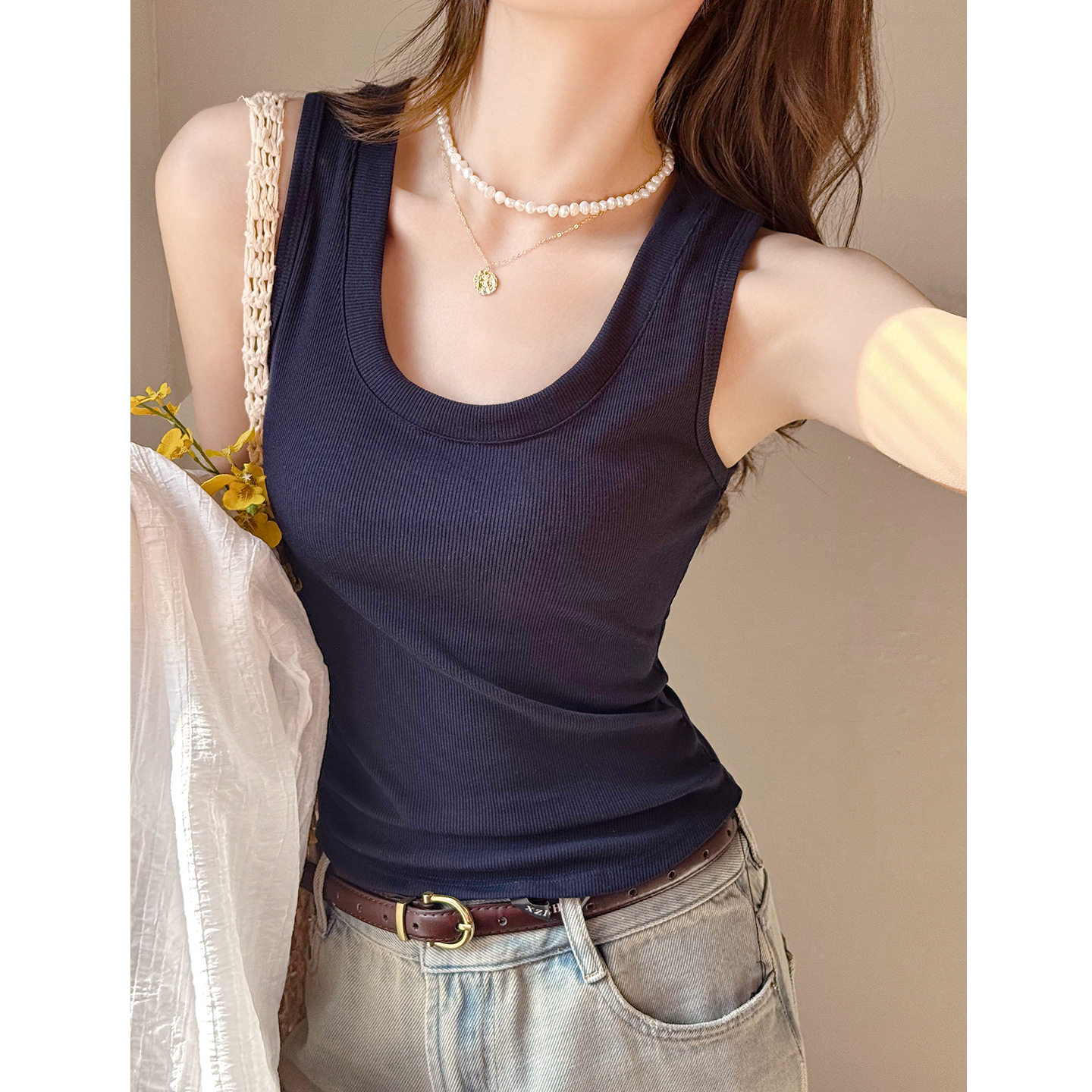 藏青色U领可外穿吊带背心女夏2026新款无袖打底修身内搭运动上衣