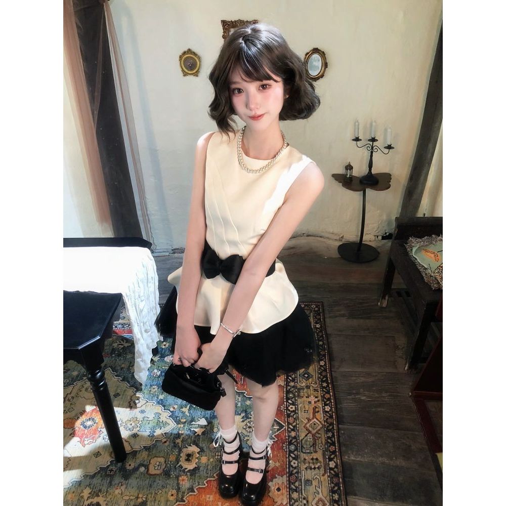 miu系古早气质名媛千金风蝴蝶结收腰显瘦上衣女黑色a字半裙两件套