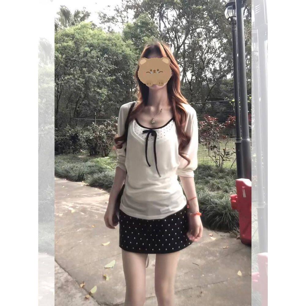 夏季韩系甜美纯欲风白色薄纱长袖罩衫+吊带内搭+波点半身裙三件套