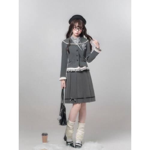 优雅美萌jk制服原创日系学院风格雷系优雅灰色制服拼接千金风套装