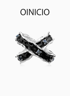 汪苏泷同款OINICIO初印沉积系列925银黑滴胶交错双环戒指情侣对戒