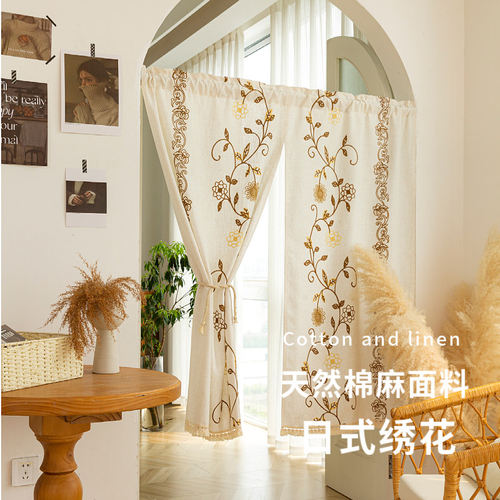 日式棉麻亚麻绣花门帘隔断帘免打孔入户门卧室厨房厕所防蚊遮挡帘