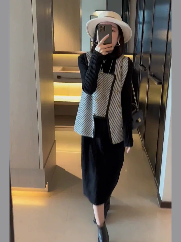 Осеннее вязаное платье, жилет, набор, для подростков, стиль Chanel