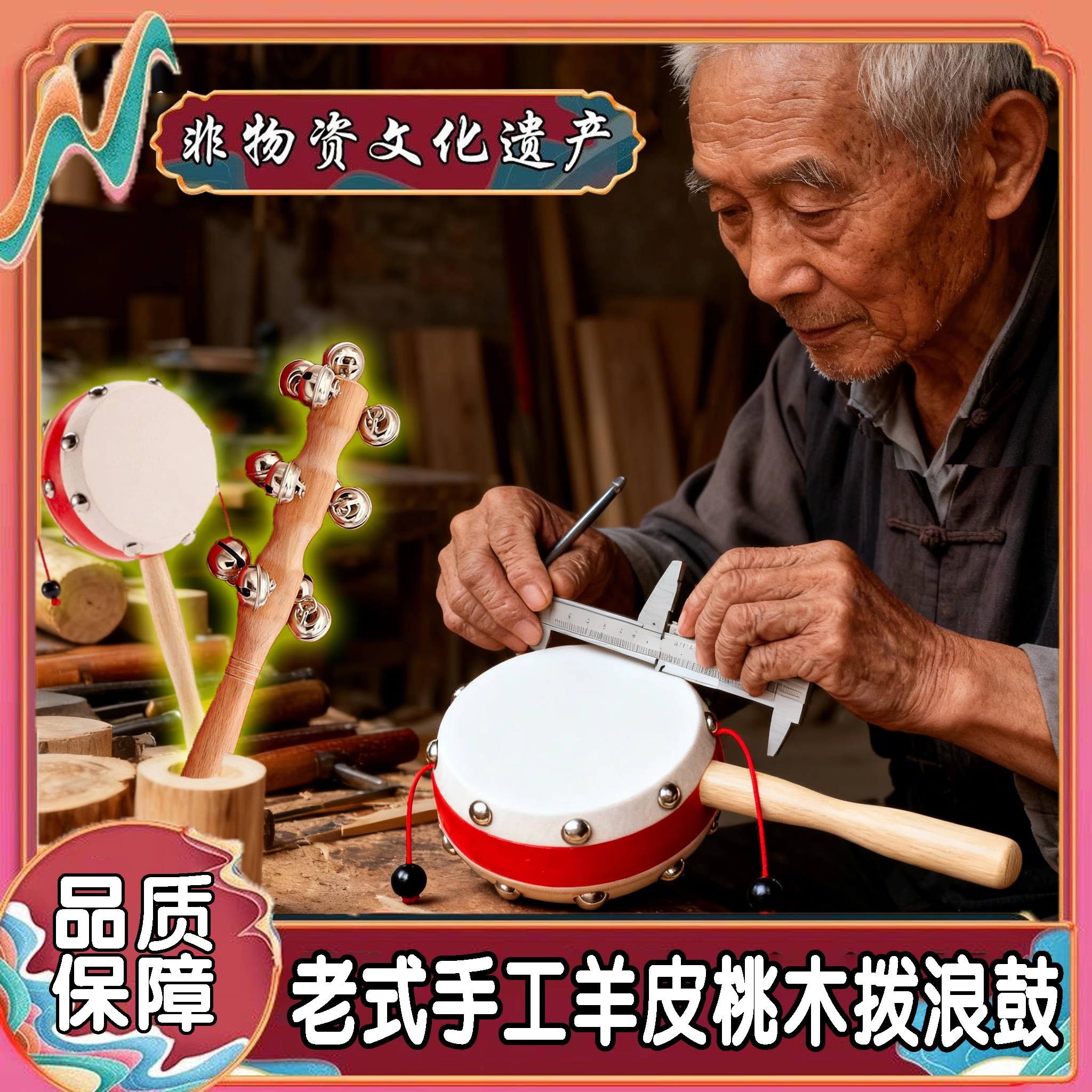 老式羊皮牛皮拨浪鼓和哗啦棒非遗手工新生婴儿啃咬传统木质手摇鼓