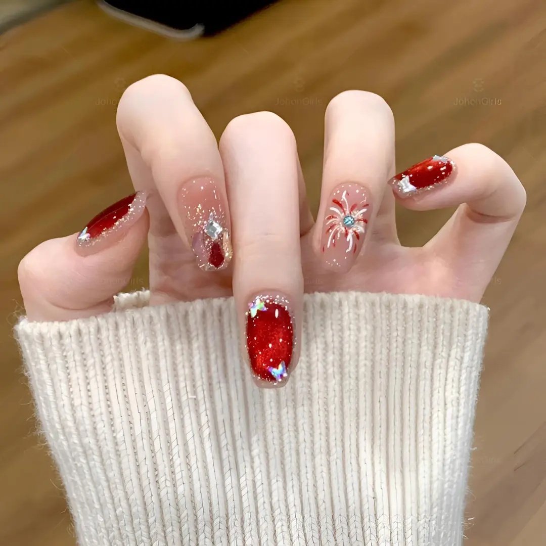 JohonGirls'/琴岛嫚【闪耀晶花】秋冬显白红色猫眼美甲手工穿戴甲,彩妆/香水/美妆工具,穿戴甲/甲片,淘宝优惠券,粉丝福利购,淘宝优惠卷