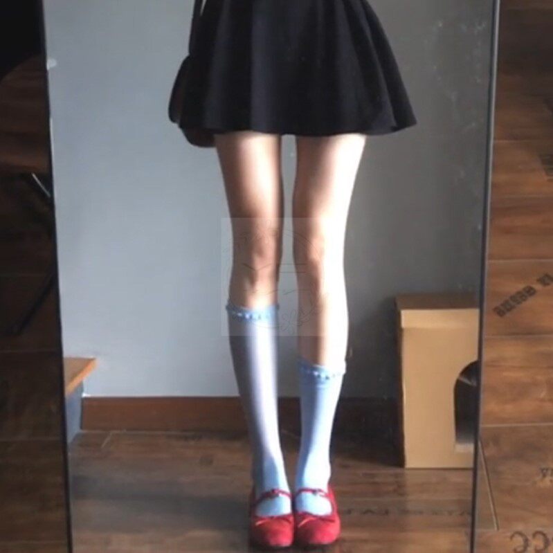 天蓝色立体花瓣小腿袜薄款网眼透气甜美花边及膝长筒堆堆袜