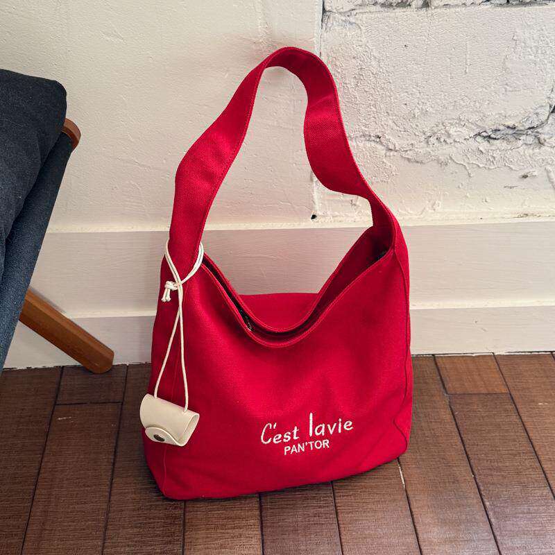 韩系大容量红色帆布包女2026新款时尚百搭刺绣手提袋高级感托特包
