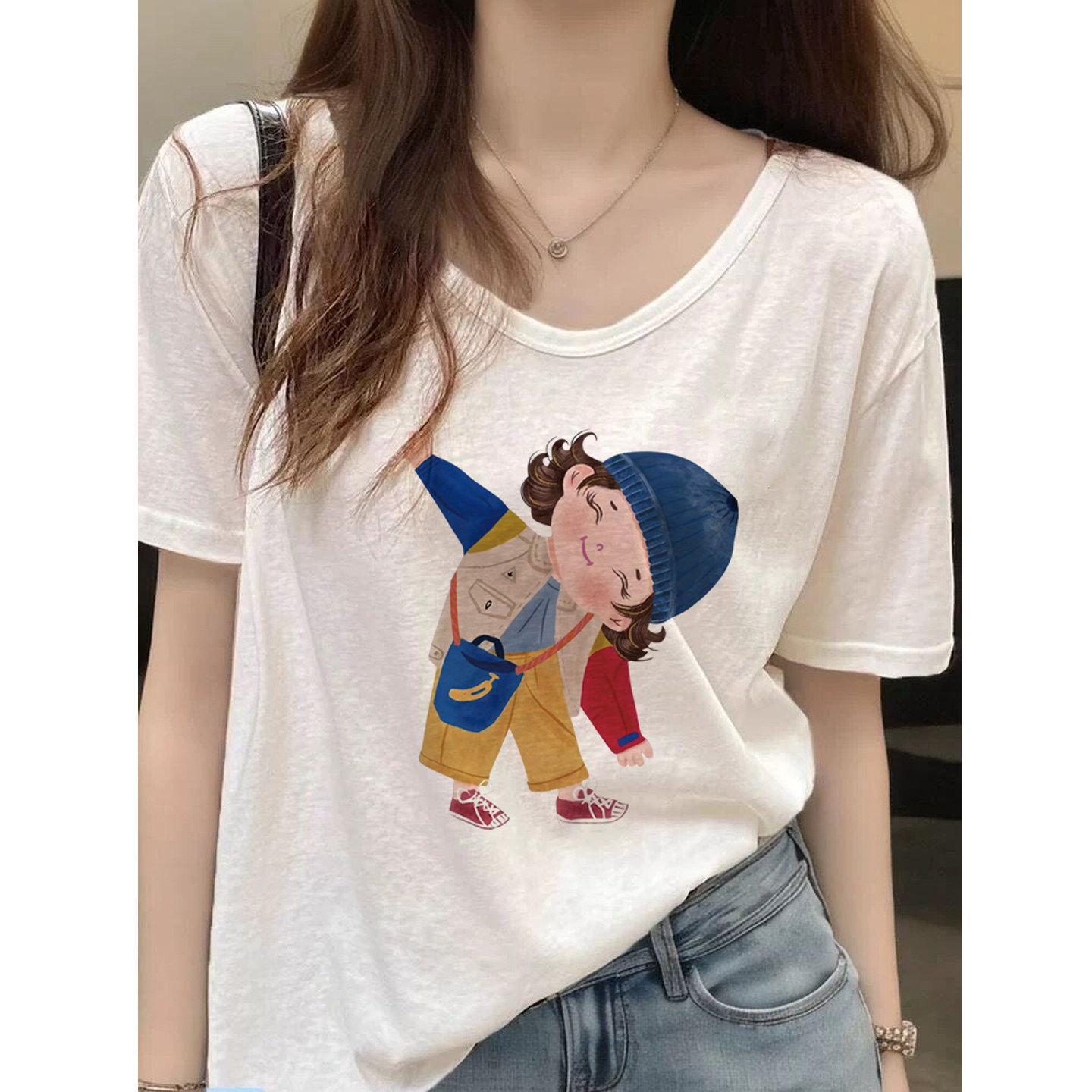 竹节棉白色短袖t恤女2026新款大码宽松慵懒风v领夏天巨好看的上衣