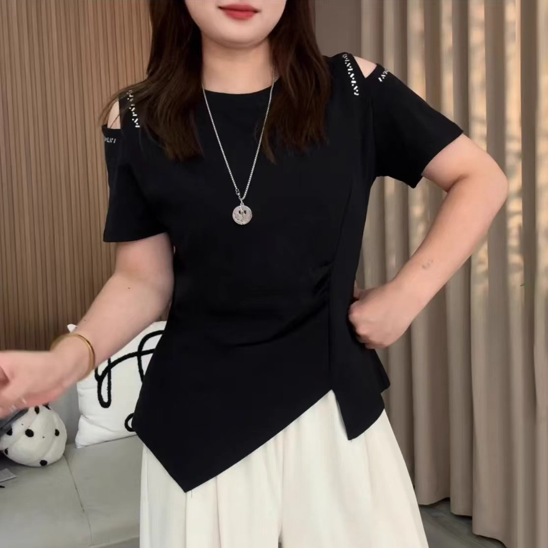 大码胖mm不规则开叉露肩短袖T恤女夏季新款洋气百搭遮肉显瘦上衣