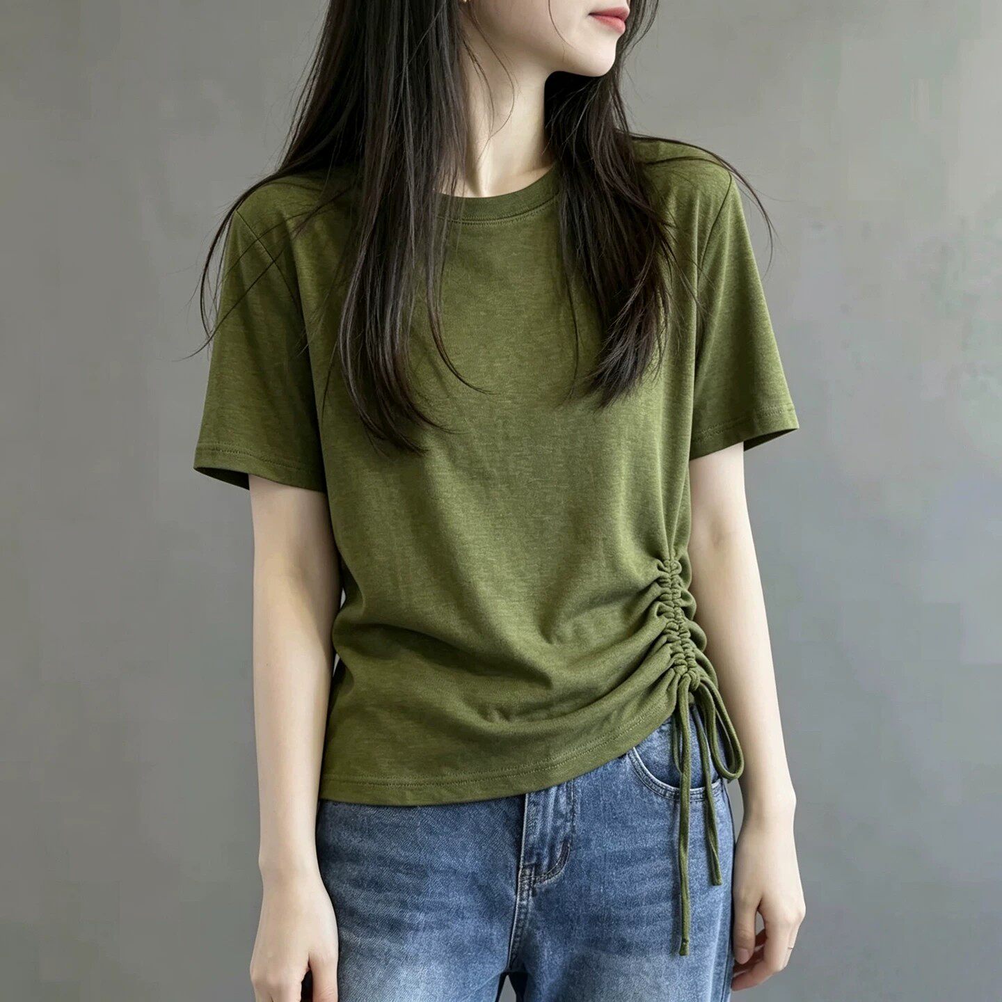 超火绿色侧边抽绳短袖T恤女2026夏新款大码胖MM宽松休闲减龄上衣