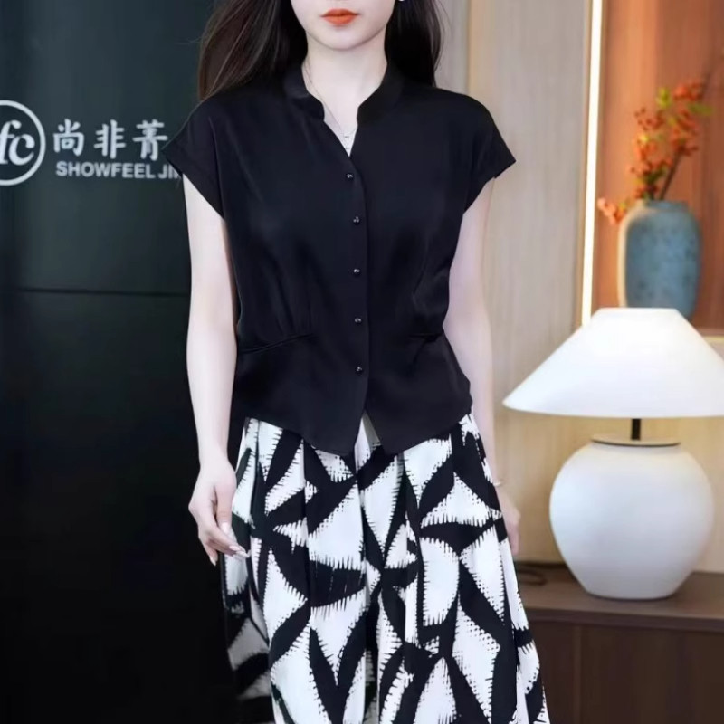 大码高级感黑色雪纺v领短袖衬衫女夏季收腰遮肚显瘦洋气欧货上衣