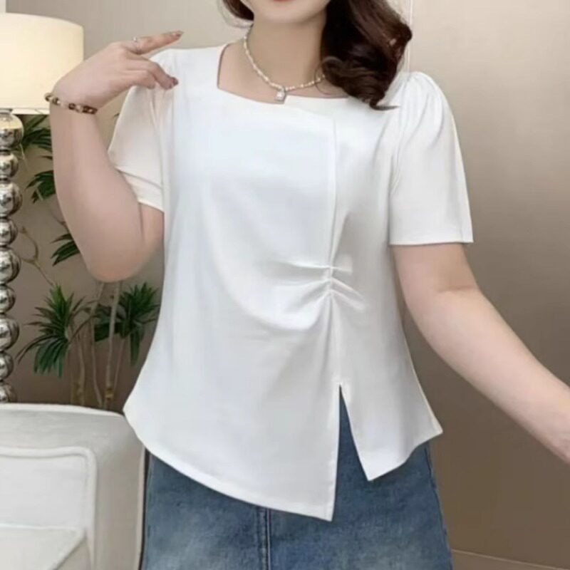 大码女装2026新款夏季遮肚短款正肩上衣胖MM不规则方领短袖T恤女
