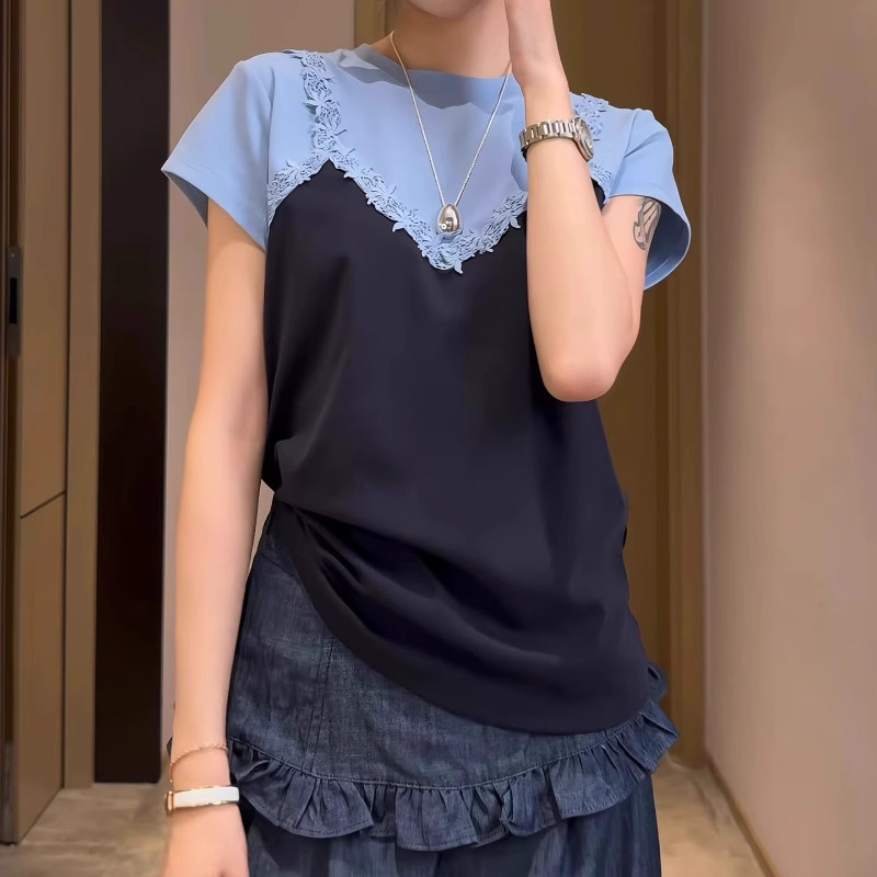 大码撞色拼接假两件短袖T恤女2026夏季新款胖mm宽松显瘦小众上衣