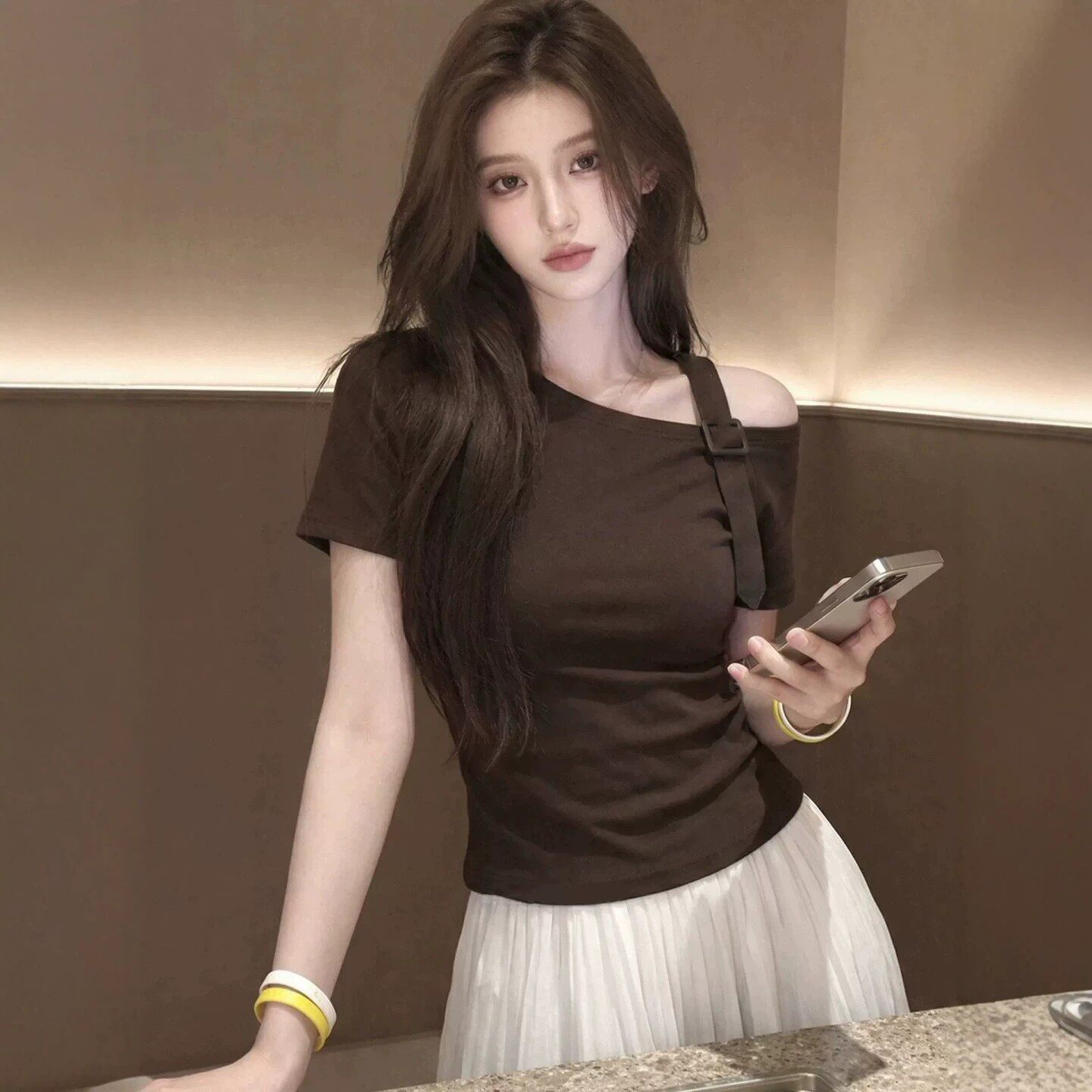 韩版不规则露肩短袖T恤女2026夏大码胖MM修身显瘦设计感斜肩上衣