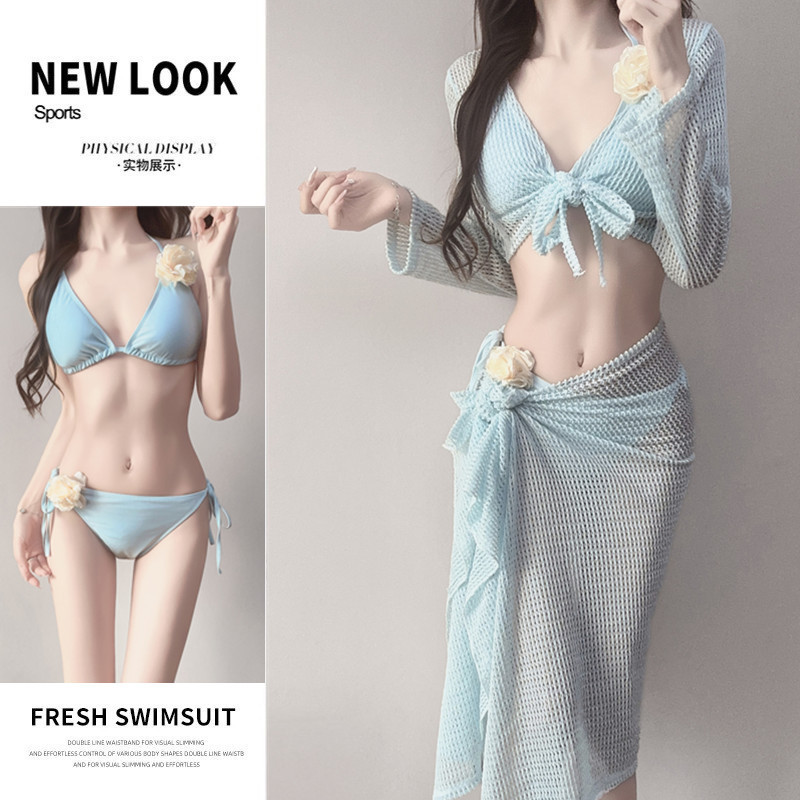 巴厘岛度假温泉游泳衣女分体比基尼bikini四件套长袖长裙百搭泳装