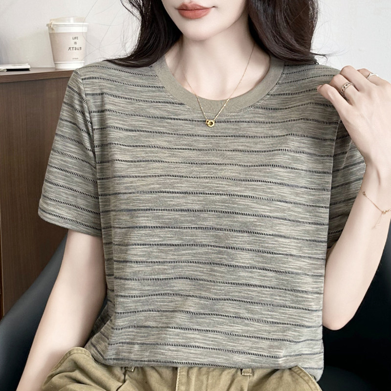 宽松显瘦条纹短袖t恤女2026新款夏季正肩圆领高级感体恤汗衫上衣