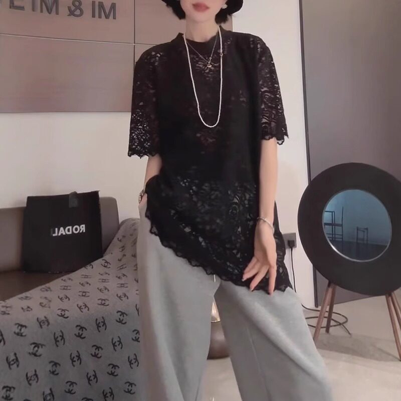 胖MM大码夏季2026宽松显瘦法式上衣高级感钩花镂空蕾丝短袖t恤女