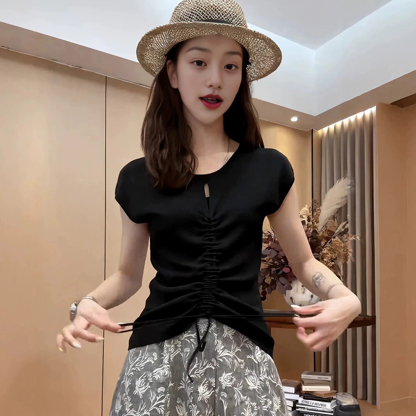 黑色镂空抽绳两面穿针织衫短袖T恤女夏季大码胖MM设计感小众上衣
